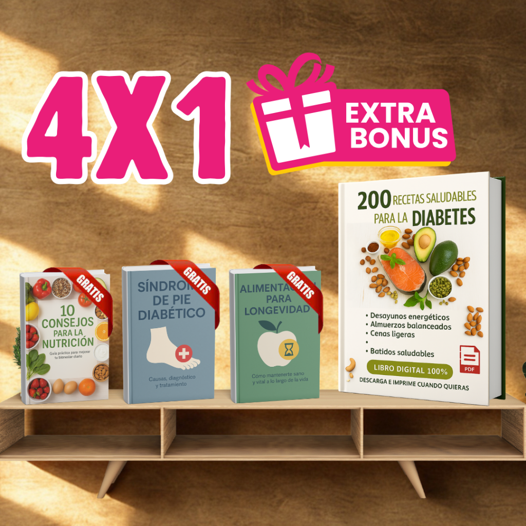 4 en 1: 200 Recetas Saludables para la Diabetes más 3 bonos gratis — 10 Consejos para la Nutrición, Síndrome del Pie Diabético, Alimentación para la Longevidad